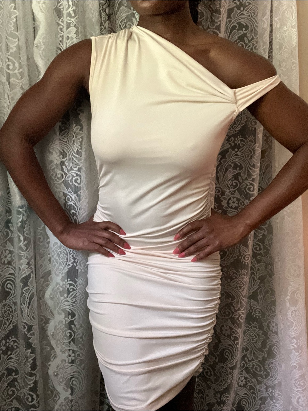 One-Shoulder Ruched Bodycon Dress in Cream
